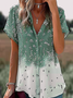Kurzarm-Shirt für Damen  Sommer  Blumendruck  V-Ausschnitt  Alltag  Ausgehen  Freizeit-Oberteil  Grün