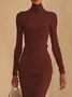 Fehaute Damen Langarm Herbst Unifarben Wolle Kleid Rollkragen Ausgehen Urban Maxikleid Hauteng Strickkleid Rot