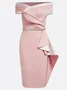 Fehaute Damen Kurzarm Sommer Unifarben Gerüscht Kleid Schulterfrei Cocktail Ausgehen Urban Midi Hauteng Pink