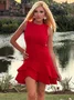 Damen Ärmellos Sommer Unifarben Gerüscht Kleid Rundhals Date Ausgehen Urban Mini A-Linien Rot