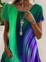Damen Kurzarm Sommer Farbblock Print Kleid Rundhals Täglich Ausgehen Retro Midi H-Linie T-Shirt-Kleid Grün