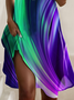 Damen Kurzarm Sommer Farbblock Print Kleid Rundhals Täglich Ausgehen Retro Midi H-Linie T-Shirt-Kleid Grün