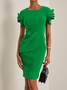 Damen Kurzarm Sommer Unifarben Gerüscht Kleid Rundhals Date Ausgehen Urban Midi H-Linie Grün