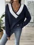 V-Ausschnitt Wolle/Stricken Langarm Weit Farbblock Lässig Pullover