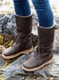 Schneestiefel Damen Retro Unifarben Herbst Winter Urlaub Leder Blockabsatz Kunstpelz Schnürung Chelsea Stiefelette