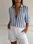 Damen Gestreift Langarm Bluse Frühling/Herbst Hemdkragen Urlaub Retro Oberteile