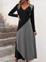 Damen Langarm Frühling/Herbst Farbblock Kleid V-Ausschnitt Urlaub Ausgehen Retro Maxikleid T-Shirt-Kleid A-Linien-Kleid