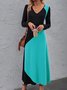 Damen Langarm Frühling/Herbst Farbblock Kleid V-Ausschnitt Urlaub Ausgehen Retro Maxikleid T-Shirt-Kleid A-Linien-Kleid
