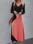 Damen Langarm Frühling/Herbst Farbblock Kleid V-Ausschnitt Urlaub Ausgehen Retro Maxikleid T-Shirt-Kleid A-Linien-Kleid