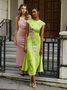 Fehaute Damen Flügelärmel Sommer Geblümt Stickerei Kleid Rundhals Cocktail Ausgehen Urban Maxikleid A-Linien