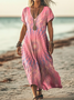 Damen Kurzarm Sommer Batik Print Kleid V-Ausschnitt Täglich Ausgehen Lässig Maxikleid T-Shirt-Kleid H-Linie Kleid