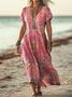 Damen Kurzarm Sommer Geblümt Print Kleid V-Ausschnitt Täglich Ausgehen Lässig Maxikleid T-Shirt-Kleid H-Linie Kleid