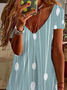 Damen Kurzarm Sommer Gestreift Print Kleid V-Ausschnitt Täglich Ausgehen Lässig Knielänge T-Shirt-Kleid H-Linie Kleid