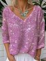 Damen Unifarben Langarm T-Shirts T-Shirt V-Ausschnitt Retro Frühling/Herbst Oberteile