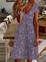 Damen Geblümt Kurzarm Sommer Print Kleid V-Ausschnitt Täglich Lässig Knielänge T-Shirt-Kleid H-Linie Kleid