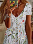 Damen Geblümt Kurzarm Sommer Print Kleid V-Ausschnitt Täglich Lässig Knielänge T-Shirt-Kleid H-Linie Kleid