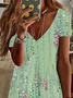 Damen Geblümt Kurzarm Sommer Print Kleid V-Ausschnitt Täglich Lässig Knielänge T-Shirt-Kleid H-Linie Kleid