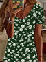 Damen Geblümt Kurzarm Sommer Print Kleid V-Ausschnitt Täglich Lässig Knielänge T-Shirt-Kleid H-Linie Kleid