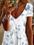 Damen Geblümt Kurzarm Sommer Print Kleid V-Ausschnitt Täglich Lässig Knielänge T-Shirt-Kleid H-Linie Kleid