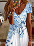 Damen Geblümt Kurzarm Sommer Print Kleid V-Ausschnitt Täglich Lässig Knielänge T-Shirt-Kleid H-Linie Kleid