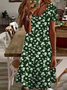 Damen Geblümt Kurzarm Sommer Print Kleid V-Ausschnitt Täglich Lässig Knielänge T-Shirt-Kleid H-Linie Kleid