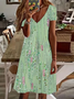 Damen Geblümt Kurzarm Sommer Print Kleid V-Ausschnitt Täglich Lässig Knielänge T-Shirt-Kleid H-Linie Kleid