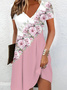 Damen Geblümt Kurzarm Sommer Print Kleid V-Ausschnitt Täglich Lässig Knielänge T-Shirt-Kleid H-Linie Kleid