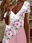 Damen Geblümt Kurzarm Sommer Print Kleid V-Ausschnitt Täglich Lässig Knielänge T-Shirt-Kleid H-Linie Kleid