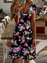Damen Geblümt Kurzarm Sommer Print Kleid V-Ausschnitt Täglich Lässig Knielänge T-Shirt-Kleid H-Linie Kleid