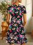 Damen Geblümt Kurzarm Sommer Print Kleid V-Ausschnitt Täglich Lässig Knielänge T-Shirt-Kleid H-Linie Kleid