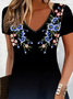 Damen Geblümt Kurzarm Sommer Print Kleid V-Ausschnitt Täglich Lässig Knielänge T-Shirt-Kleid H-Linie Kleid