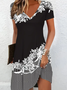 Damen Geblümt Kurzarm Sommer Print Kleid V-Ausschnitt Täglich Lässig Knielänge T-Shirt-Kleid H-Linie Kleid