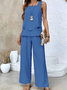 Damen Unifarben Zweiteiliges Set Täglich Ärmellos Lässig Sommer Bluse mit Hose Matching Set
