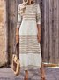 Damen Gestreift Langarm Frühling/Herbst Kleid Rundhals Urlaub Retro Maxikleid T-Shirt-Kleid H-Linie Kleid