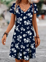 Damen Geblümt Kurzarm Sommer Print Kleid V-Ausschnitt Täglich Lässig Knielänge T-Shirt-Kleid H-Linie Kleid