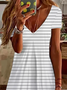Damen Gestreift Kurzarm Sommer Print Kleid V-Ausschnitt Täglich Lässig Knielänge T-Shirt-Kleid H-Linie Kleid