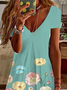 Damen Geblümt Kurzarm Sommer Print Kleid V-Ausschnitt Täglich Lässig Knielänge T-Shirt-Kleid H-Linie Kleid