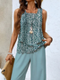 Damen Geometrisch Print Zweiteiliges Set Täglich Ärmellos Lässig Sommer Bluse mit Hose Matching Set