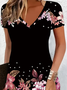 Damen Geblümt Kurzarm Sommer Print Kleid V-Ausschnitt Täglich Lässig Knielänge T-Shirt-Kleid H-Linie Kleid