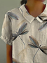 Damen Libelle Kurzarm Bluse Sommer Print Schalkragen Täglich Lässig Oberteile
