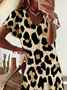 Damen Leopard Kurzarm Sommer Print Kleid V-Ausschnitt Täglich Lässig Maxikleid T-Shirt-Kleid X-Linie Kleid