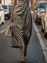 Damen abstrakte Streifen Ärmellos Sommer Print Kleid Rundhals Täglich Retro Maxikleid Etuikleid H-Linie Kleid