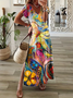 Damen Geblümt Kurzarm Sommer Print Kleid V-Ausschnitt Täglich Lässig Maxikleid T-Shirt-Kleid X-Linie Kleid