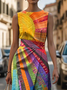 Damen Hippie Ärmellos Sommer Print Kleid Rundhals Täglich Retro Maxikleid Etuikleid H-Linie Kleid