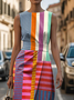 Damen Gestreift Ärmellos Sommer Print Kleid Rundhals Täglich Retro Maxikleid Etuikleid H-Linie Kleid