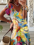 Damen Geblümt Kurzarm Sommer Print Kleid V-Ausschnitt Täglich Lässig Maxikleid T-Shirt-Kleid X-Linie Kleid
