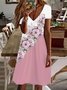 Damen Geblümt Kurzarm Sommer Print Kleid V-Ausschnitt Täglich Lässig Knielänge T-Shirt-Kleid H-Linie Kleid