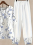 Damen Geblümt Print Zweiteiliges Set Täglich Halbarm Lässig Sommer Bluse mit Hose Matching Set