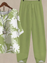 Damen Geblümt Print Zweiteiliges Set Täglich Halbarm Lässig Sommer Bluse mit Hose Matching Set