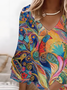 Damen Phönix Halbarm Sommer Print Kleid V-Ausschnitt Täglich Lässig Midi Klassisch H-Linie Kleid